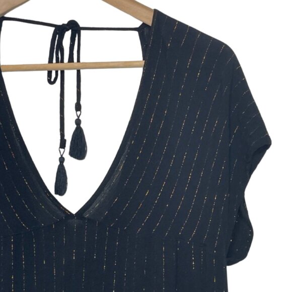 XHILARATION | Lightweight Black Short Sleeve Blouse Gold Stitch Top | Size S - Picture 3 of 10